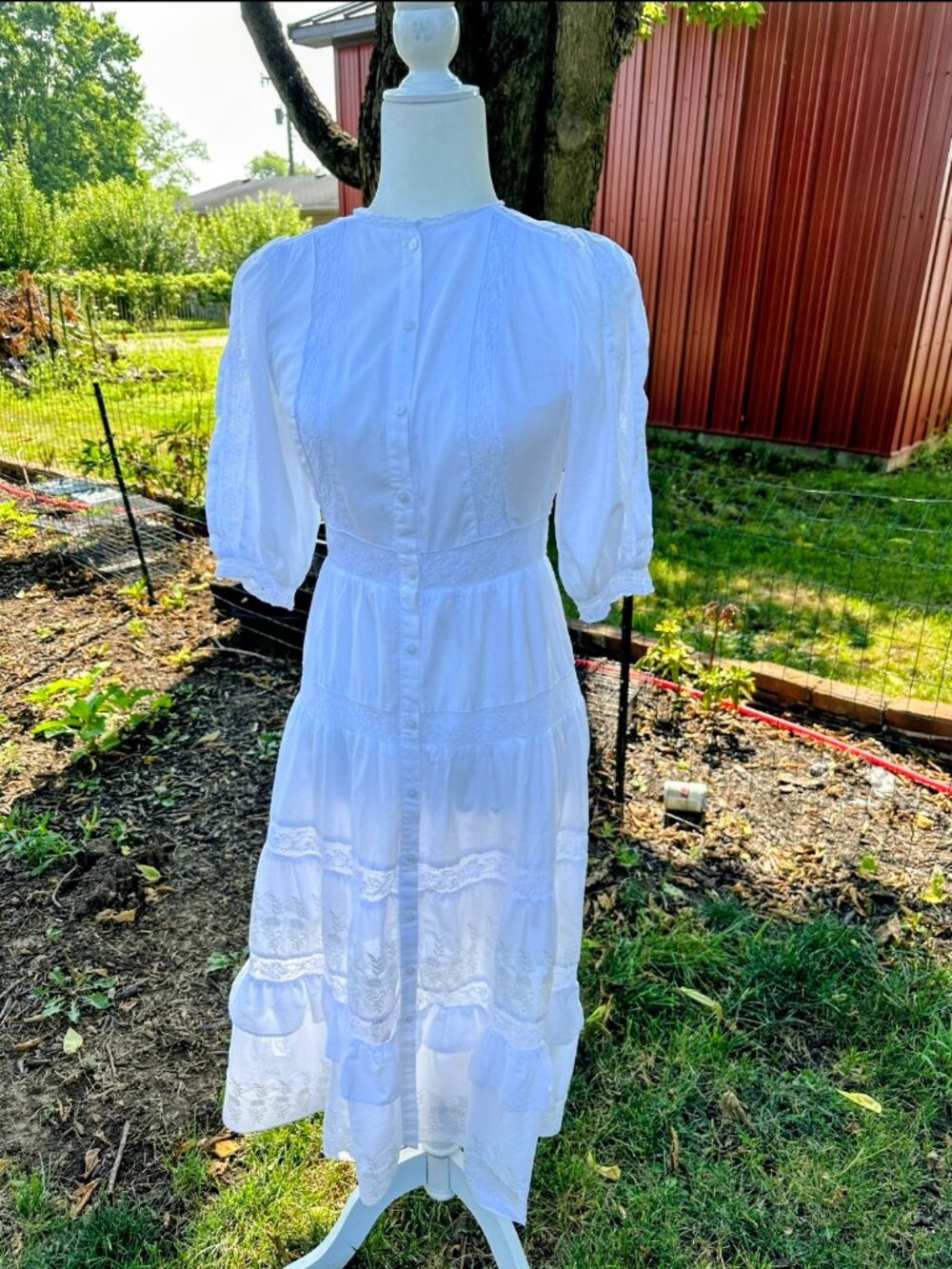 LoveShackFancy White Button-Front Eyelet Tiered Midi Dress with Puff Sleeves